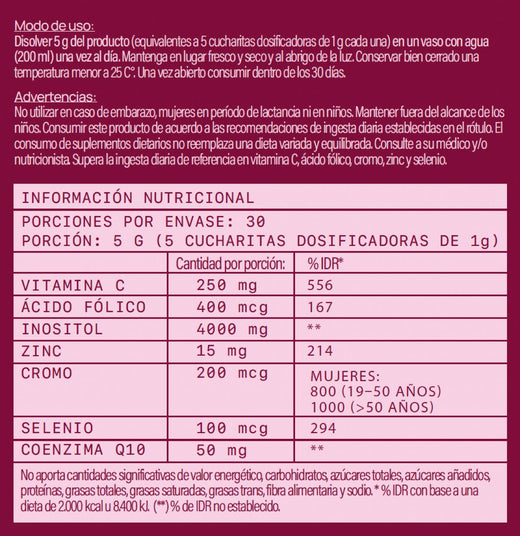 etiqueta de suplemento myoflow para salud femenina. Describe modo de uso, advertencias e ingredientes (vitamina c  acido folico 400mcg, inositol 4000 mg, zinc 15mg, cromo 200mcg, selenio 100 mcgy coenzima q10 50mg)50mg