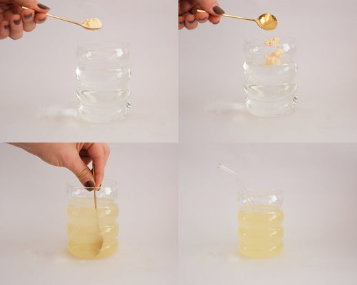 preparacion de suplemento myoflow en polvo (suplemento para sop, balance hormonal, resistencia a la insulina, tiroides, salud femenina). Preparacion en vaso ondulado con cuchara dorada, dividida en cuatro imagenes, todas sobre fondo blanco. La primera tiene cuchara sobre vaso, la segunda vierte la cuchara de polvo en vaso, la tercera revuelve y la cuarta agrega sorbete sobre producto terminado